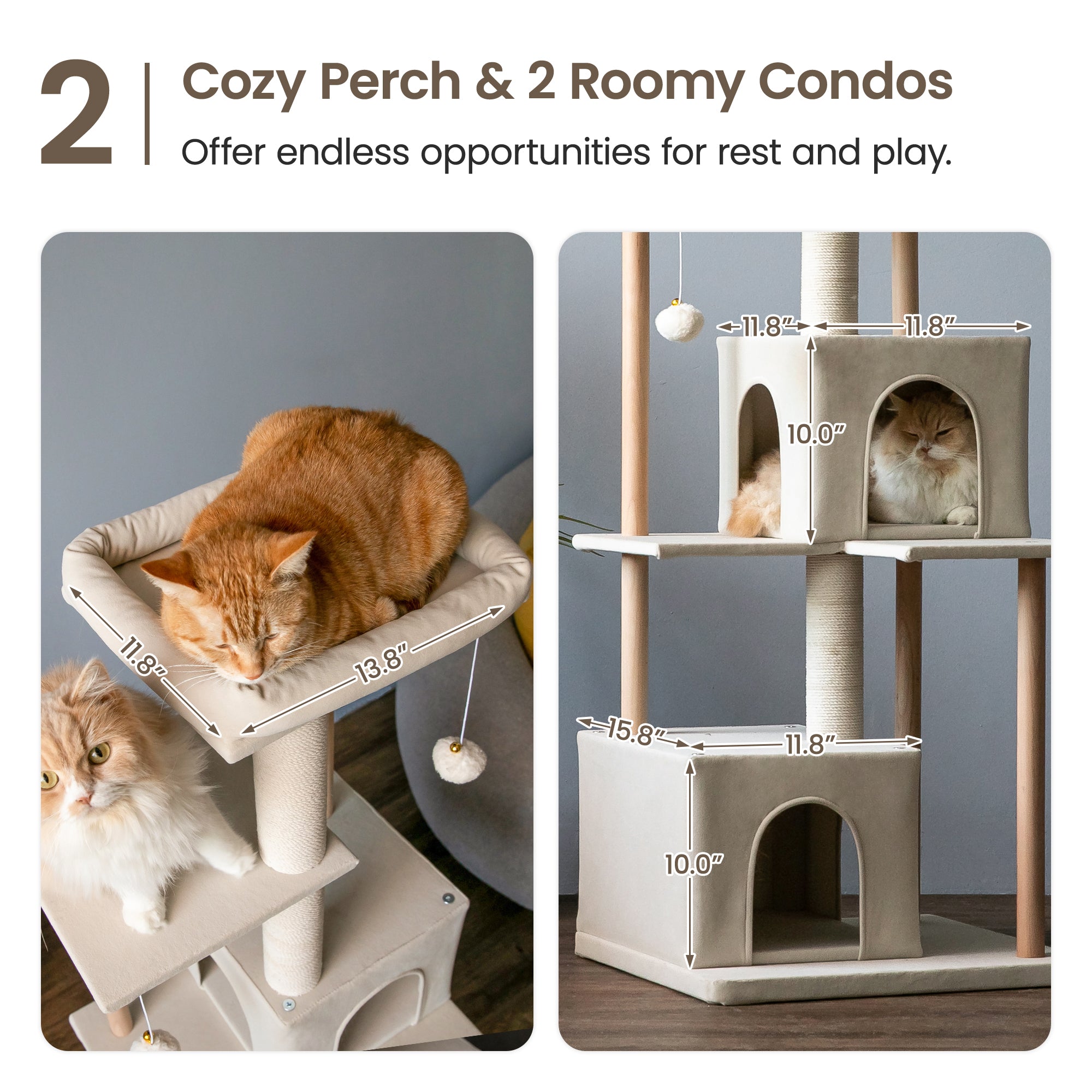 Beige Multi-Level Wood Cat Tree with 2 Condos and Perch G3995