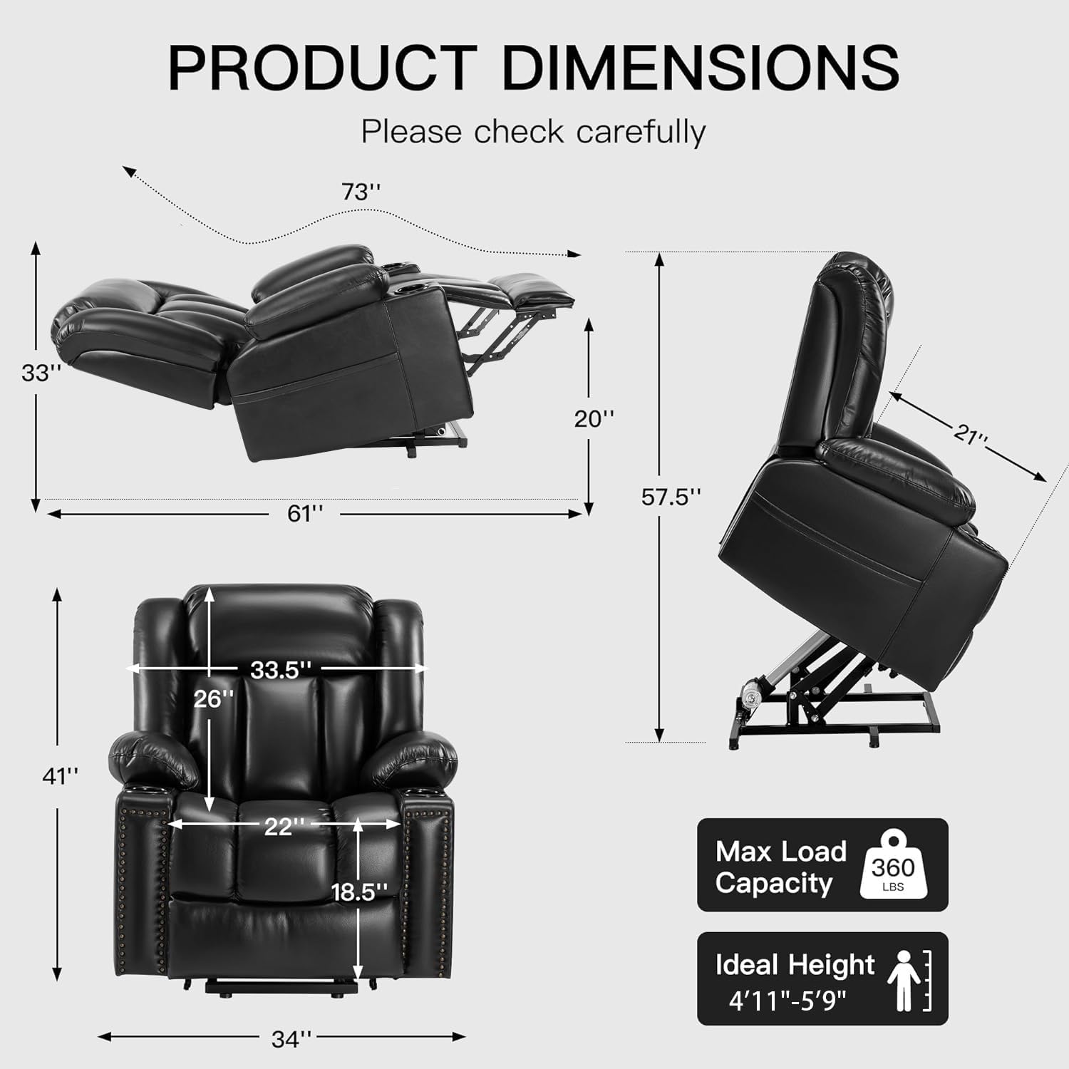 Black Dual Motor Power Lift Chair Recliner with Heat and Massage T493