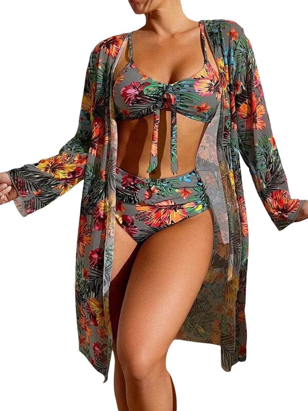 3 Pcs Floral Leaves Print Sling Padded Bra Thong Bottoms Long Sleeve Open Front Cover-Ups Bikini A96155