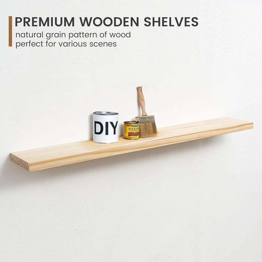 48 Inch Solid Pine Wood Floating Shelf with Metal Bracket U909843