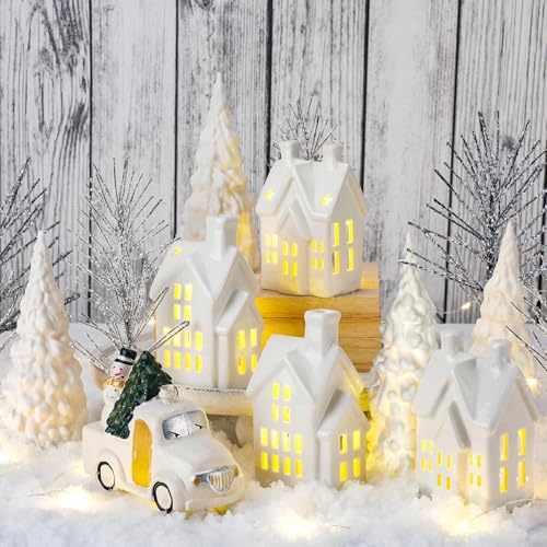 17 Piece Christmas Village Set with 4 LED White Ceramic Houses, 4 Ceramic Trees, Plastic Truck, 7 Branch Trees F67905