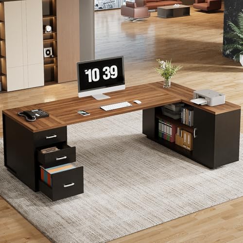 85.8-Inch L-Shaped Executive Desk with File Drawers, Door Cabinet & Shelves, White & Brown Y890