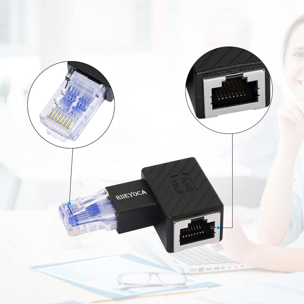 Right Angle Ethernet Adapter 90 Degree RJ45 Male to Female Cat6 LAN Network Connector 2-Pack Black I249093