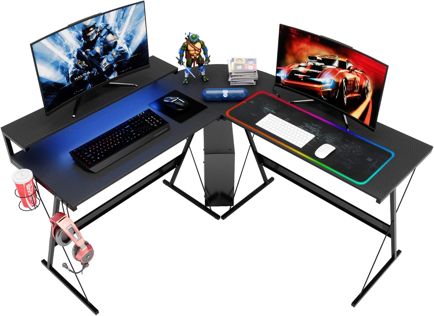 55 inch L-Shaped RGB Gaming Computer Desk with Large Elevated Ergonomic Shelf Carbon Black R5077