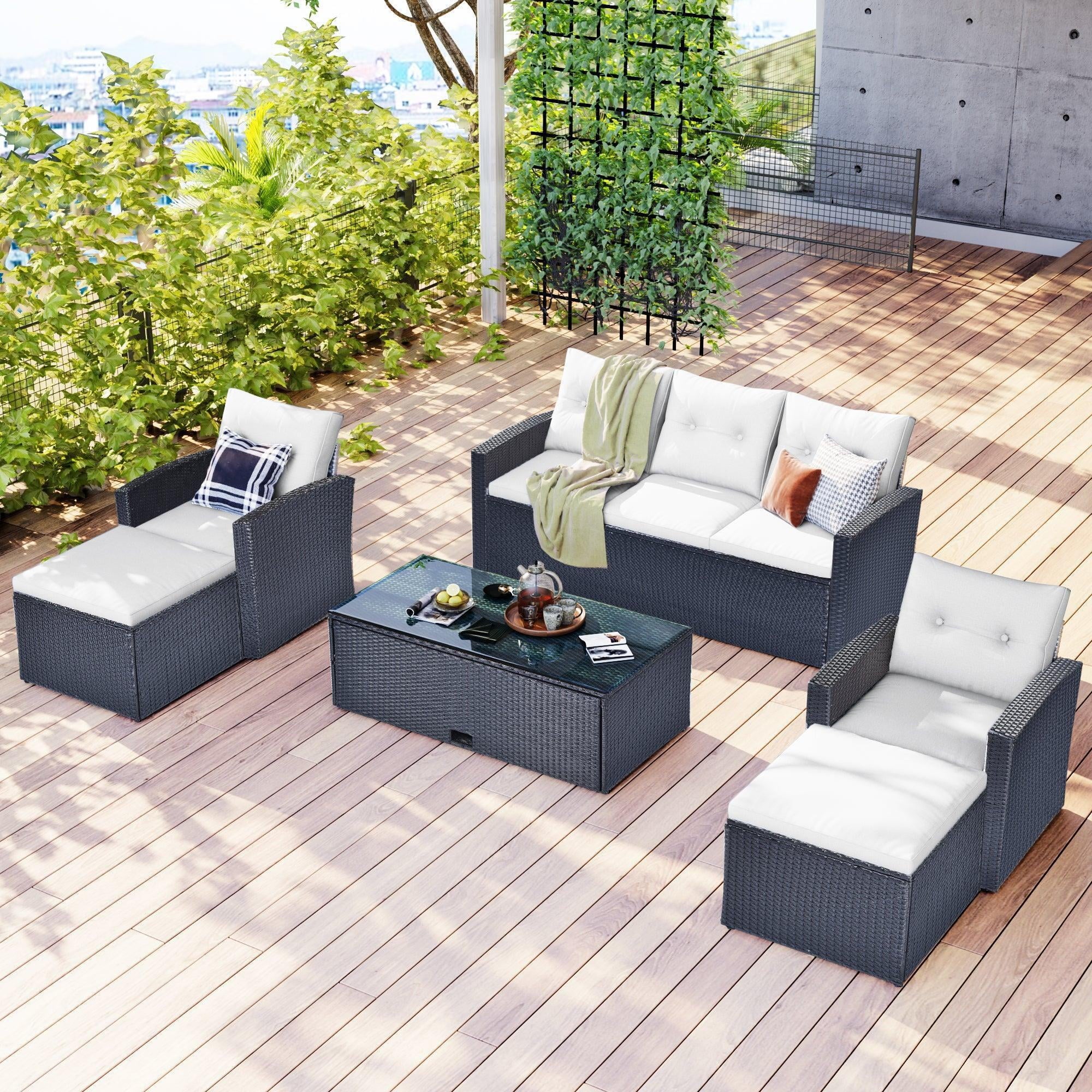 6-piece All-Weather Wicker PE Rattan Patio Outdoor Dining Conversation Sectional Set with Coffee Table, Wicker Sofas, Ottomans, Removable Cushions I514