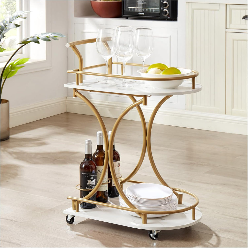 Gold 2-Tier Bar Cart with Wine Rack and Glass Holder Y521738