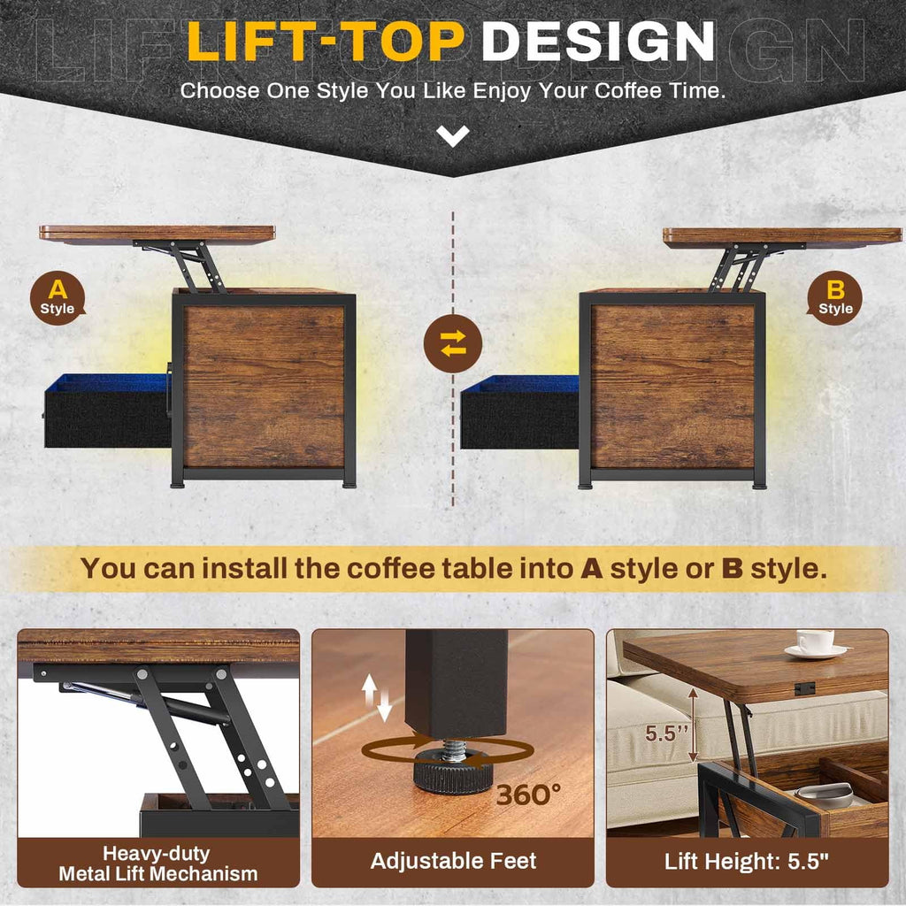 40" Lift Top Coffee Table with Storage Cabinet, 2 Fabric Drawers and LED Light, Rustic Brown D42404