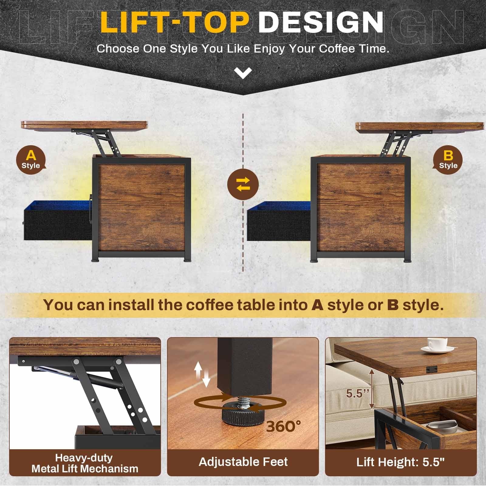 40" Lift Top Coffee Table with Storage Cabinet, 2 Fabric Drawers and LED Light, Rustic Brown D42404