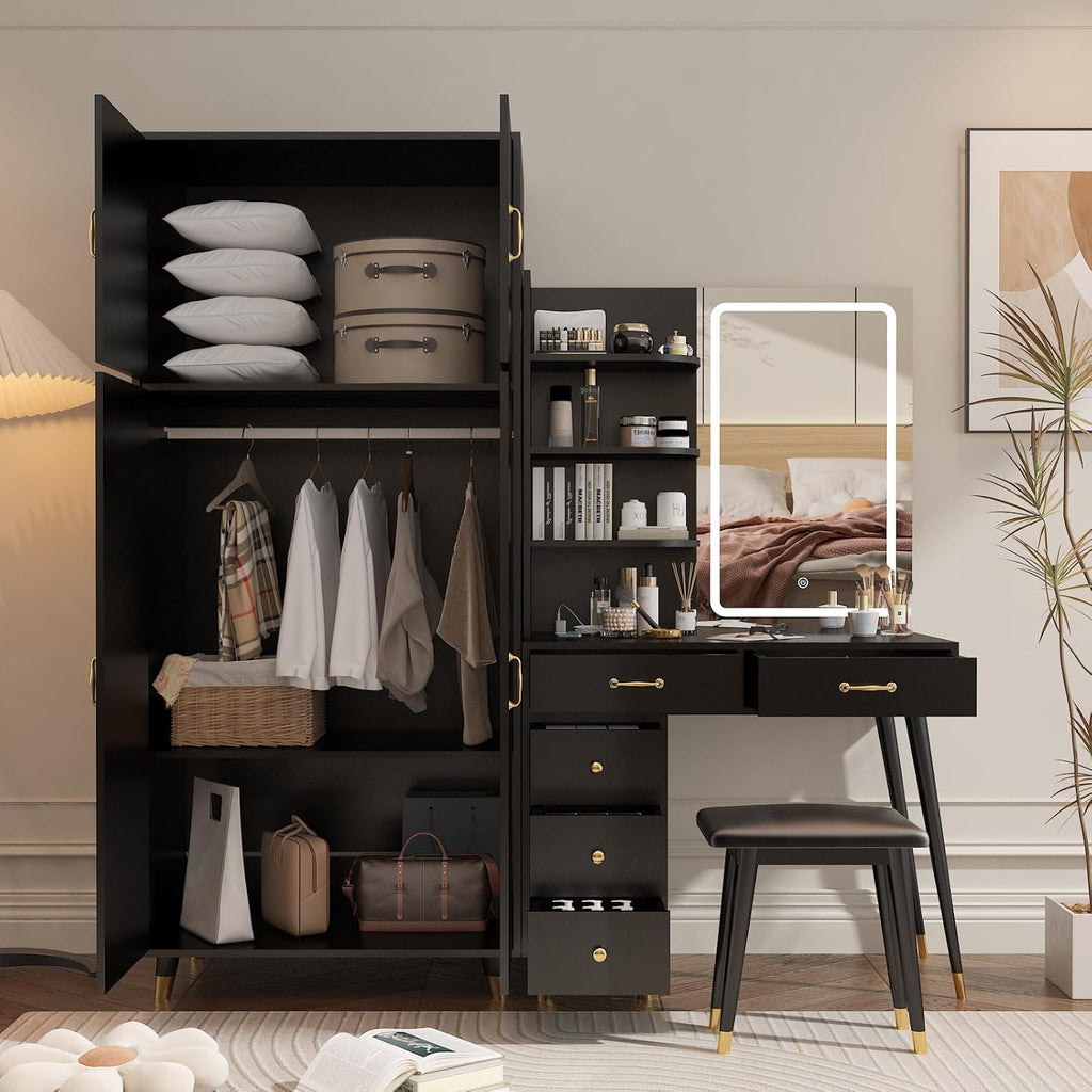 Black Vanity Desk with 4 Door Closet, Lights Mirror, Stool Set, Storage Cabinet 170 x 50 x 185CM M460819