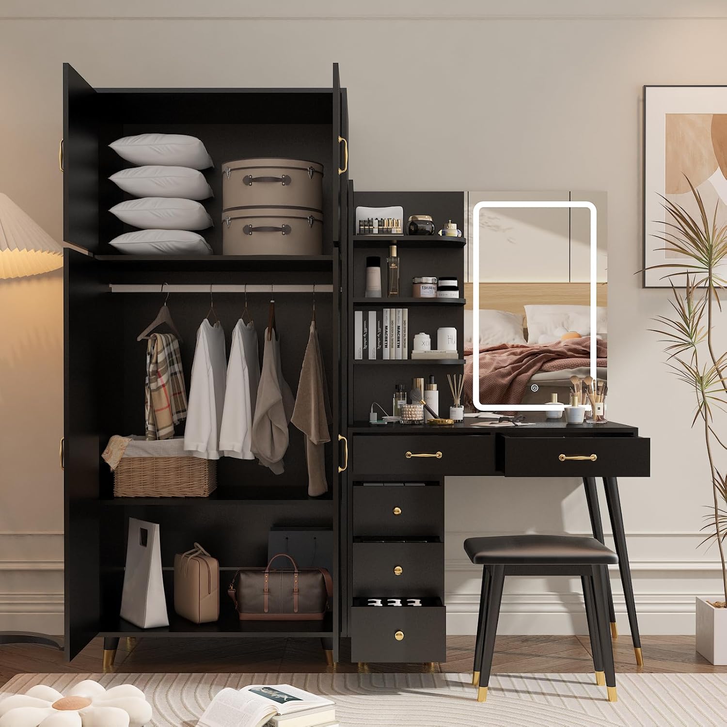 Black Vanity Desk with 4 Door Closet, Lights Mirror, Stool Set, Storage Cabinet 170 x 50 x 185CM M460819