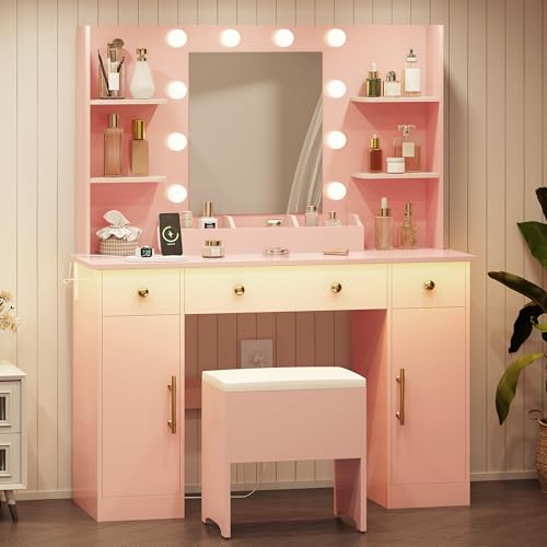 White Vanity Desk with Mirror and Lights, 3 Drawers and Cabinets E10663