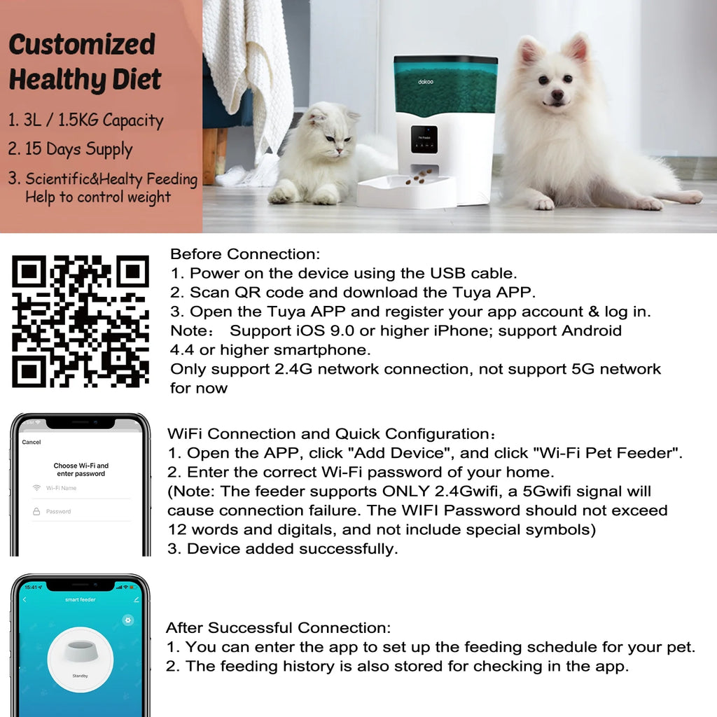Large Capacity Smart Pet Feeder 3L Auto Dog Food Dispenser with Timer Setting Voice Recorder App Control K635215