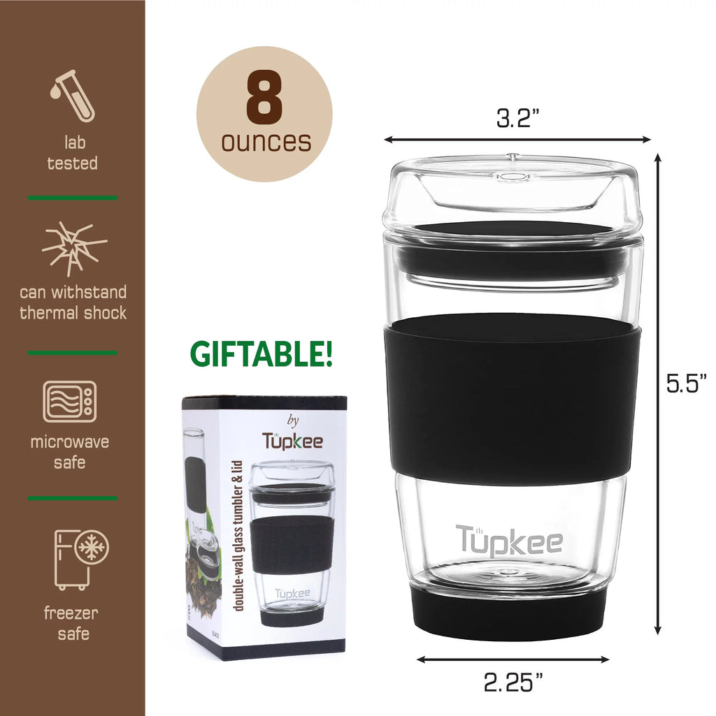 Black 8-Ounce Double Wall Glass Tumbler with Lid C35106