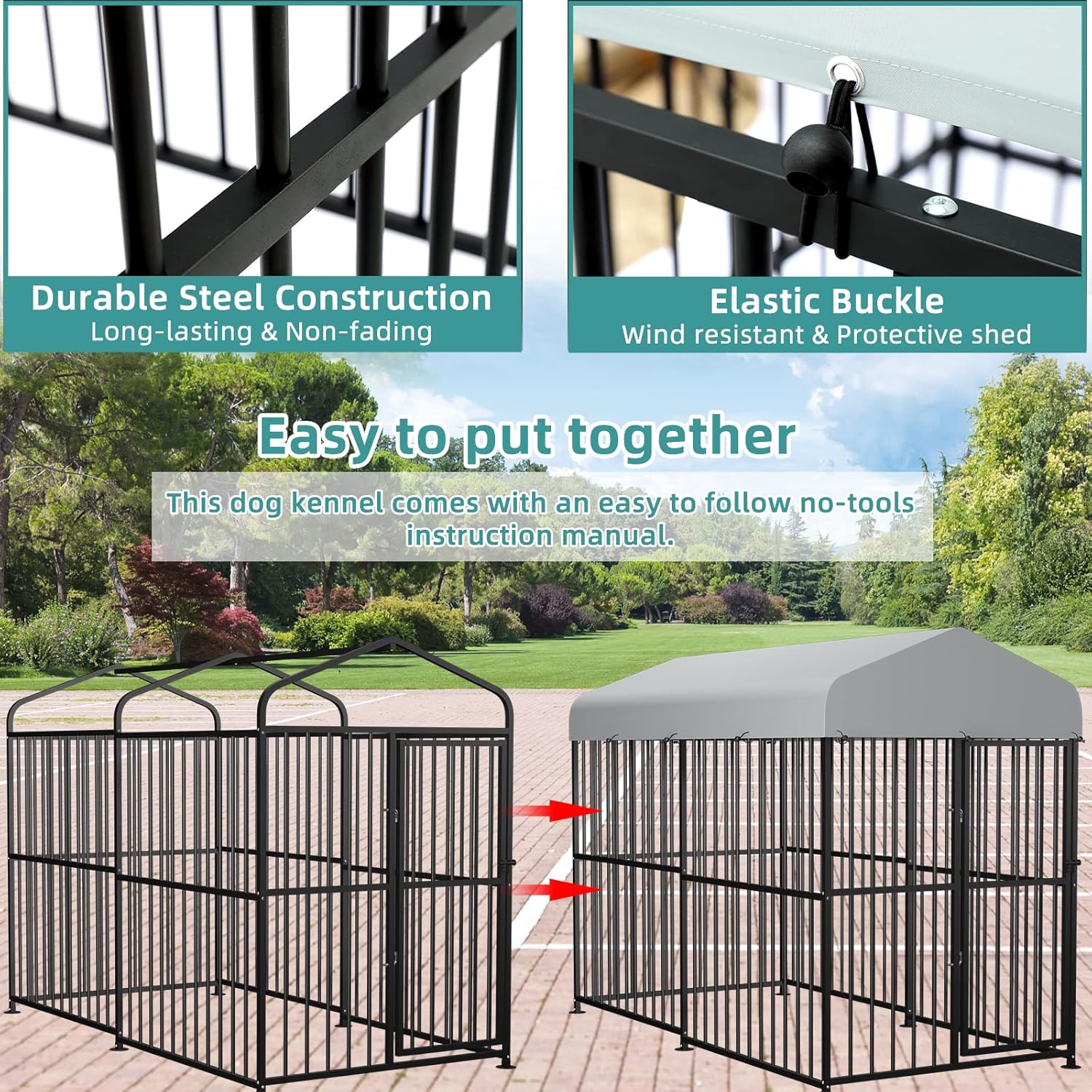 Large Outdoor Metal Dog Kennel with Top Cover, 4'L x 8'W x 6'H H658570