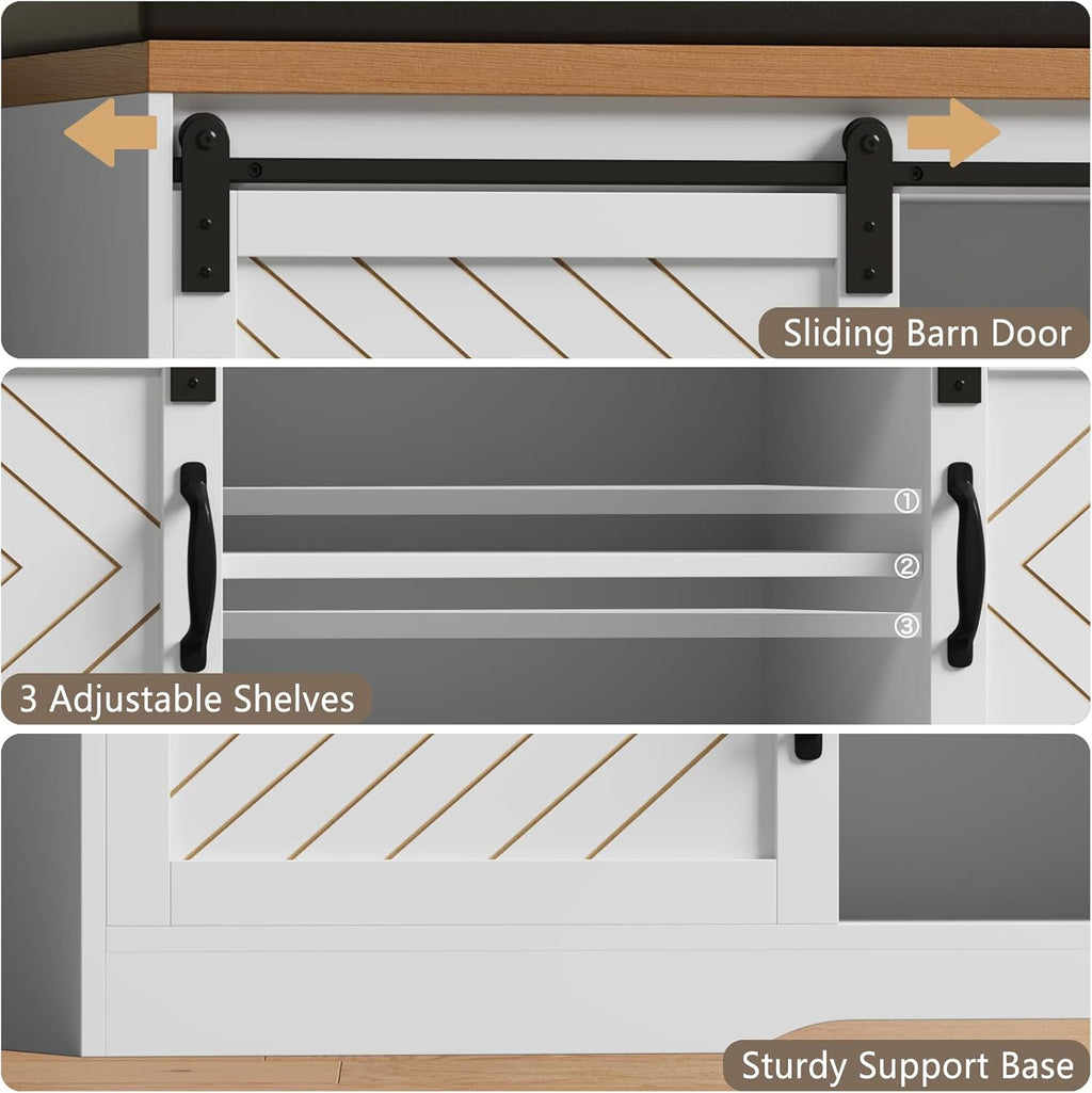 Shoe Storage Bench with Padded Seat Cushion and Sliding Barn Doors Q725
