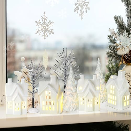 17 Piece Christmas Village Set with 4 LED White Ceramic Houses, 4 Ceramic Trees, Plastic Truck, 7 Branch Trees F67905