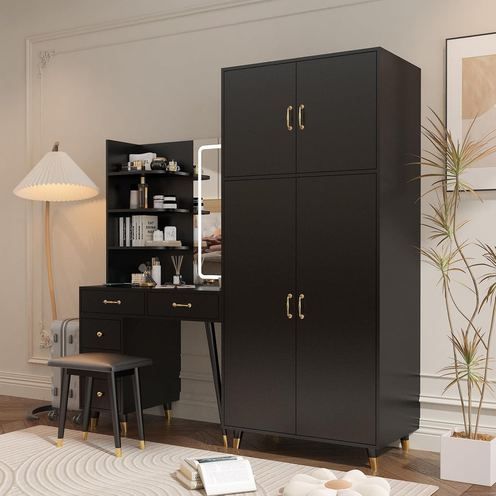 Black Vanity Desk with 4 Door Closet, Lights Mirror, Stool Set, Storage Cabinet 170 x 50 x 185CM M460819