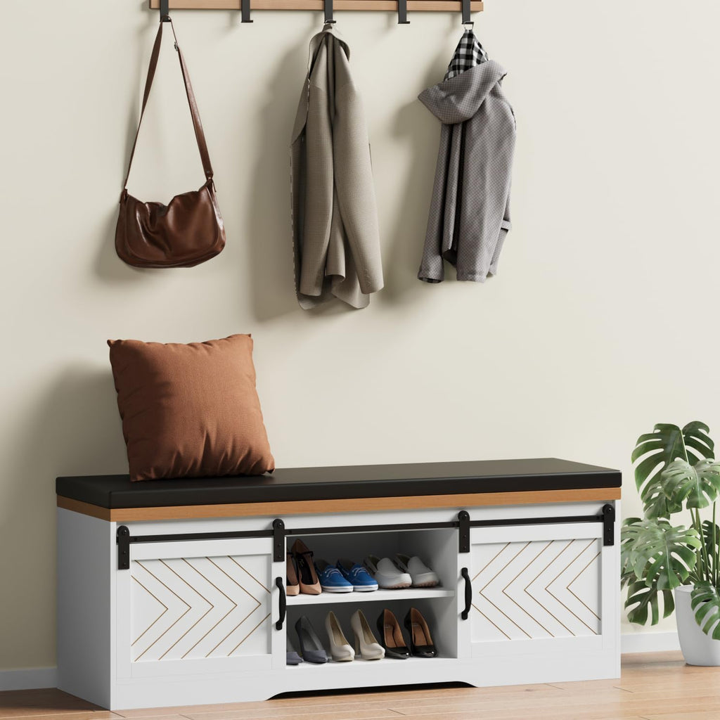 Shoe Storage Bench with Padded Seat Cushion and Sliding Barn Doors Q725
