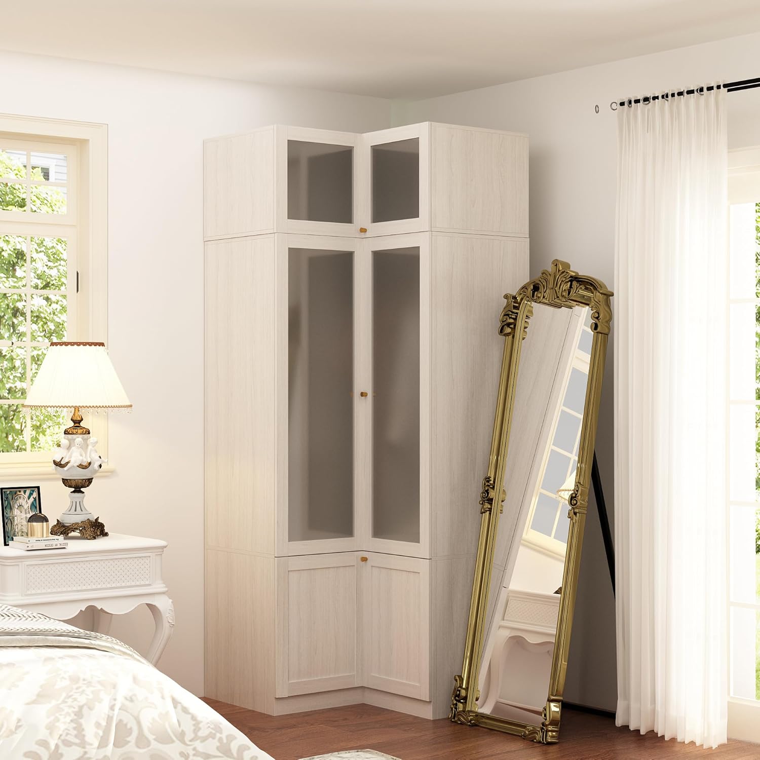 L-Shape Armoire Wardrobe Closet with Frosted Glass Doors, Wooden Storage Cabinet, Warm Grey T792895