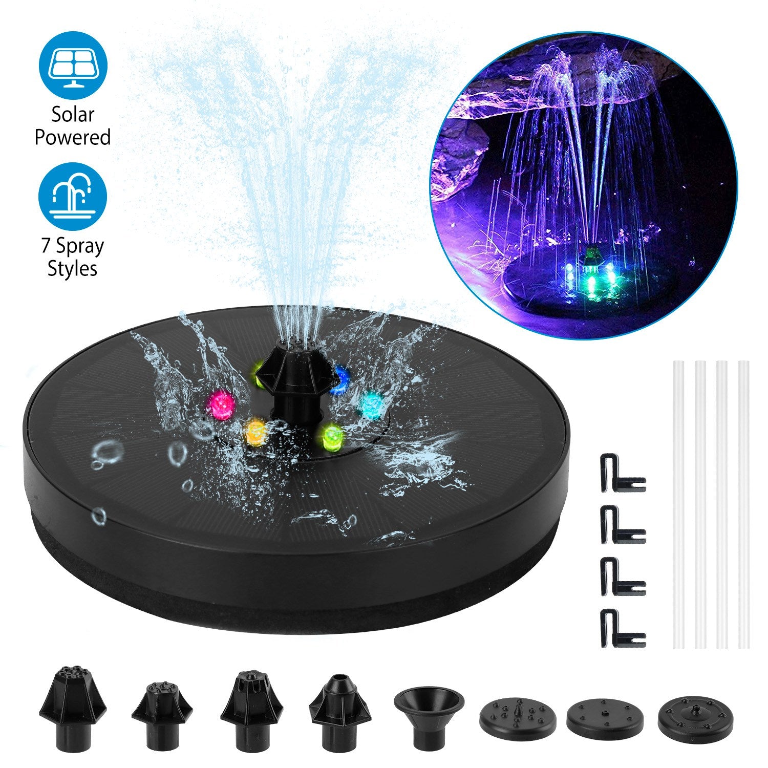 Solar Powered Fountain Pump With LED Lights 7 Nozzles V3237
