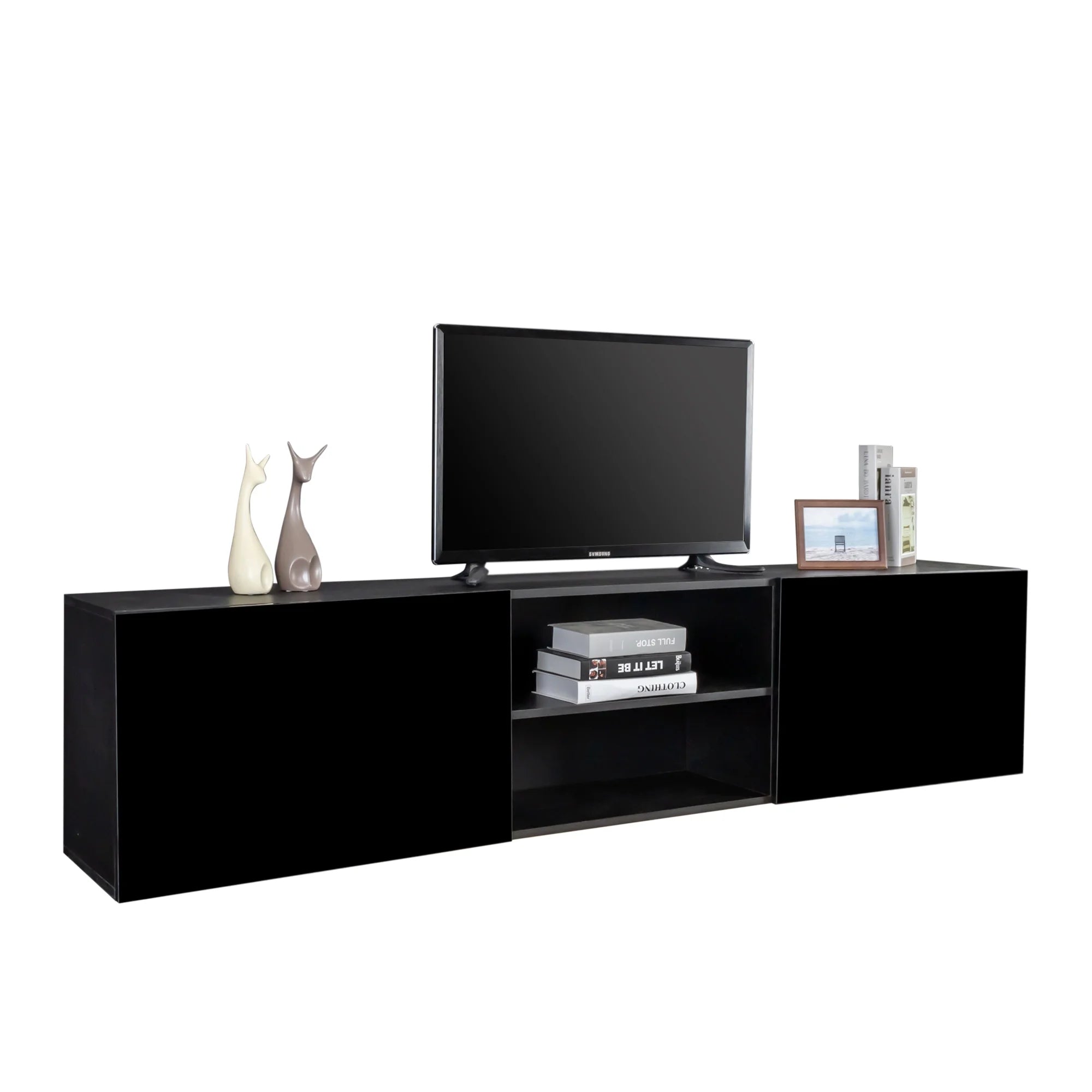 Floating TV Stand with Shelf and Clamshell Doors H1027
