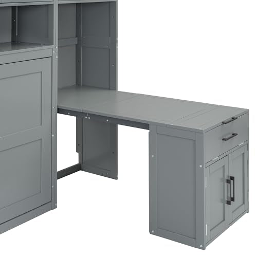 Grey Wooden Twin Murphy Bed with Storage Cabinet and Desk V8757