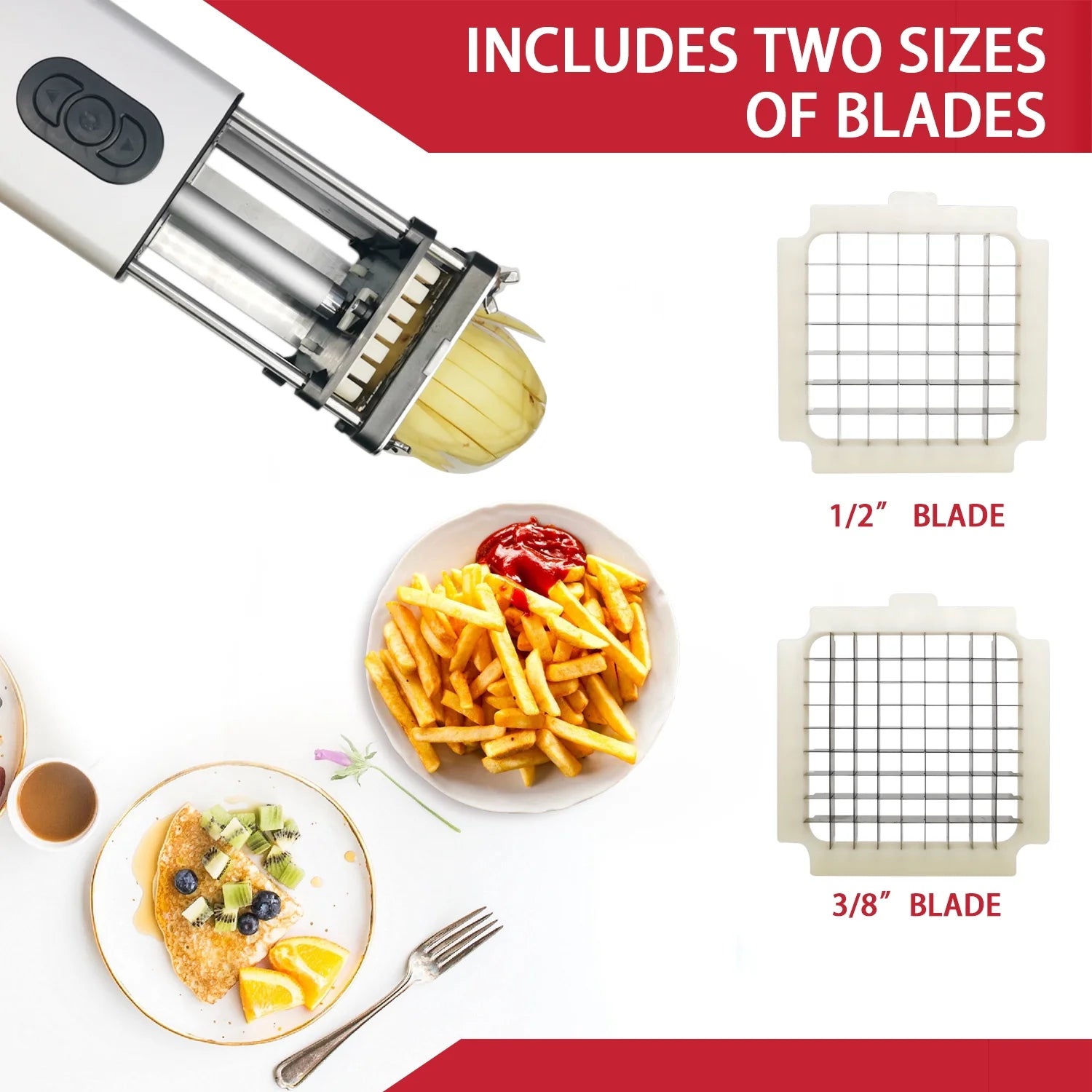 Electric French Fry Cutter Stainless Steel with 1/2-Inch & 3/8-Inch Blade E8646