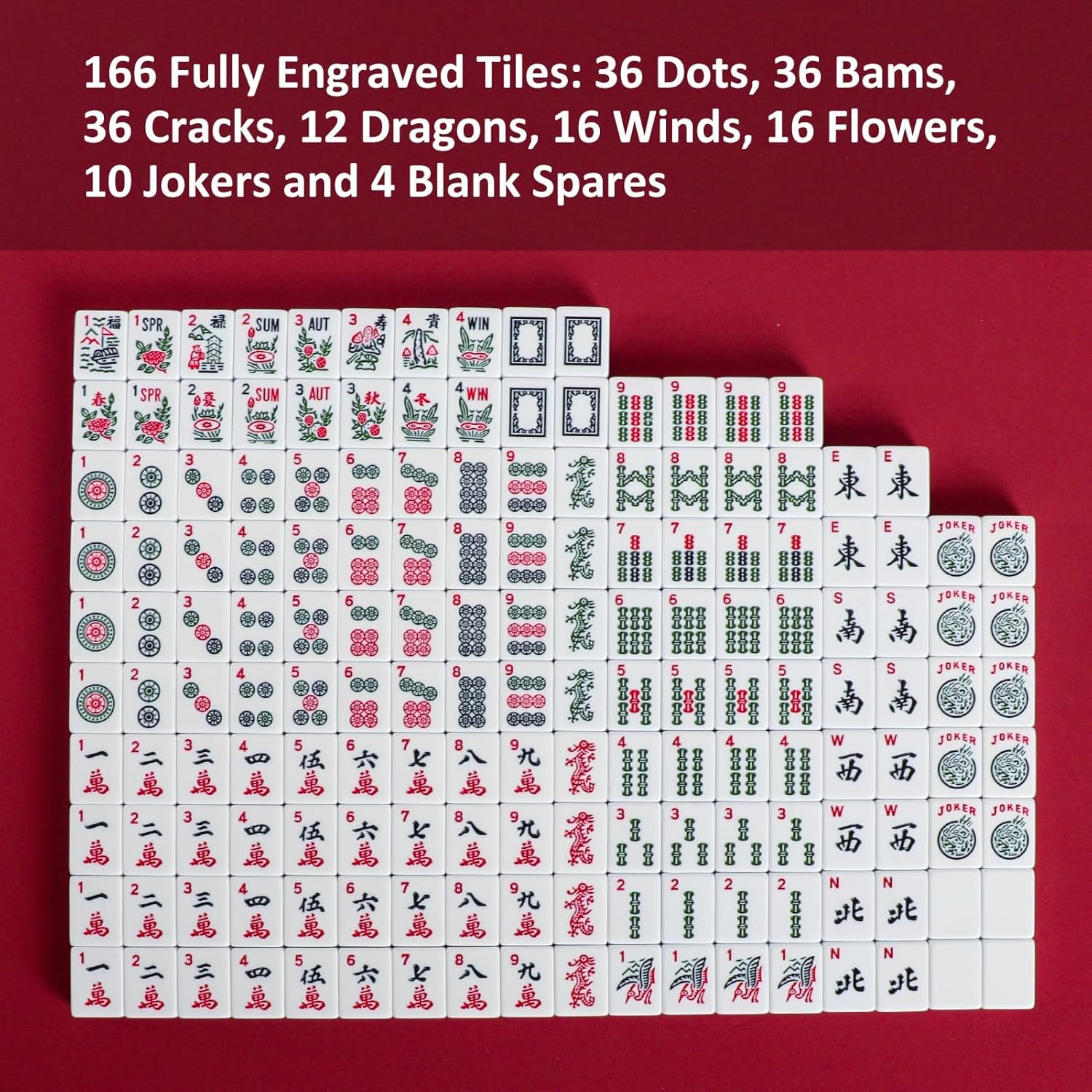 166 White Tiles Mahjong Set with Green Bag and Rack Pushers W276
