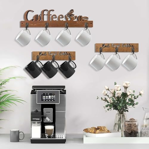 3 Pack Wall Mounted Wooden Coffee Mug Shelf with 10 Hooks J15873