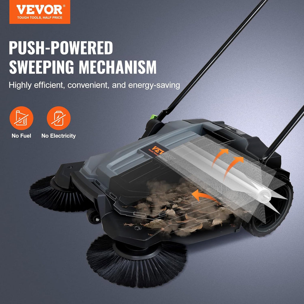 25.6" Sweeping Width Manual Non-Electric Floor Sweeper with 5-Gallon Waste Container X520