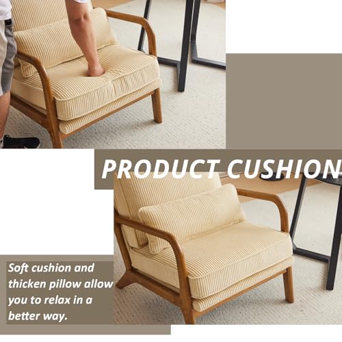 Linen White Accent Chair with Pillow Solid Wood Frame I626