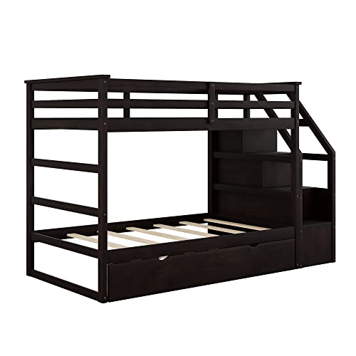 Twin-Over-Twin Wood Bunk Bed with Trundle and Storage Stairs (White) Y46337