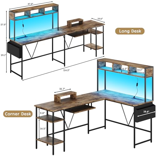 L Shaped Gaming Desk with LED Lights and Power Outlet, Grey T975
