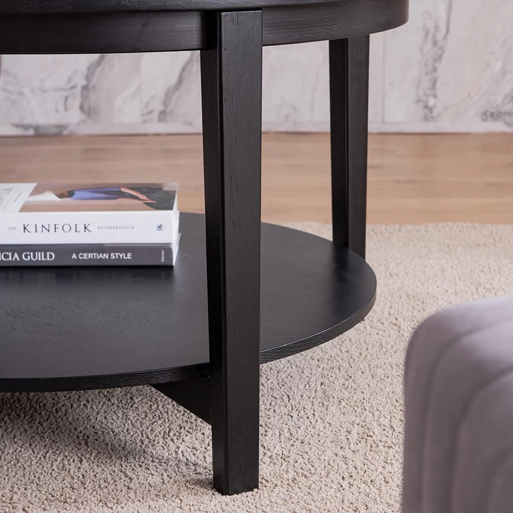 Black Round Tempered Glass Coffee Table with Solid Wood Legs A1992