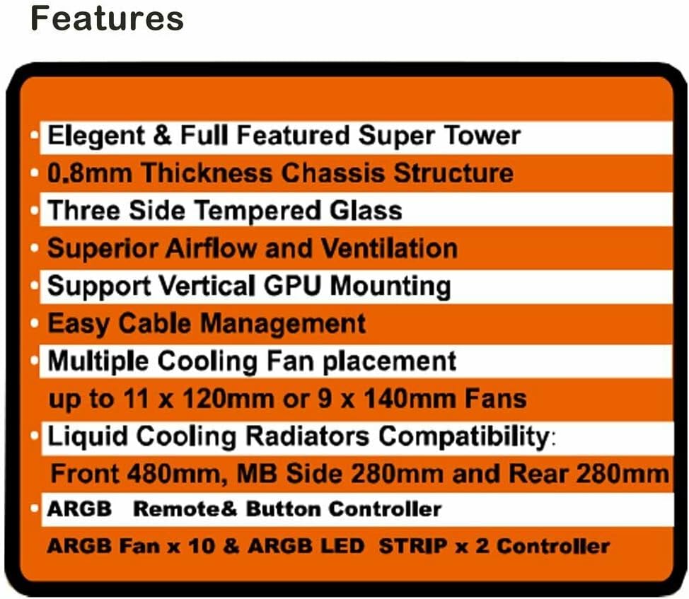 Full-Tower E-ATX Computer Gaming Case with 3-Sided Reinforced Glass, USB 3.0, 6 12cm Fans G5279