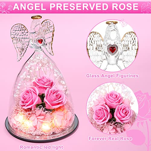 Preserved Flower Three Real Roses in Glass Angel Figurines Pink Z69157