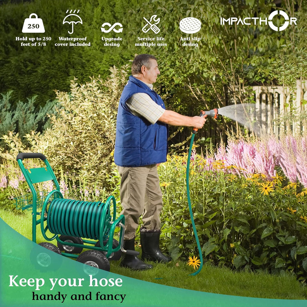 Garden Hose Reel Cart with Wheels, Heavy Duty, Waterproof Cover F972696
