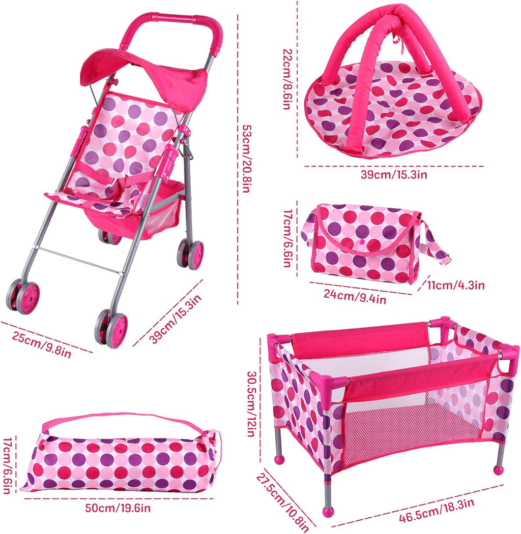 5 Pcs Reborn Baby Doll Accessories Play Set with Baby Doll Stroller, Baby Doll Crib, Play Mat, Diaper Bag, Activity Mat P2409