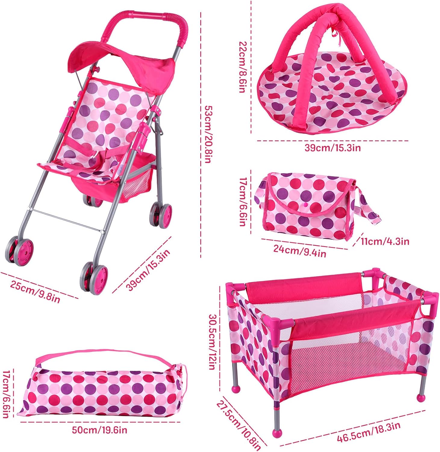 5 Pcs Reborn Baby Doll Accessories Play Set with Baby Doll Stroller, Baby Doll Crib, Play Mat, Diaper Bag, Activity Mat P2409