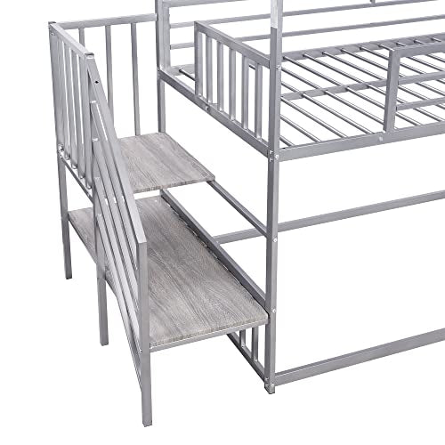 Twin Over Twin Metal Bunk Bed with Slide and Storage Staircase L768