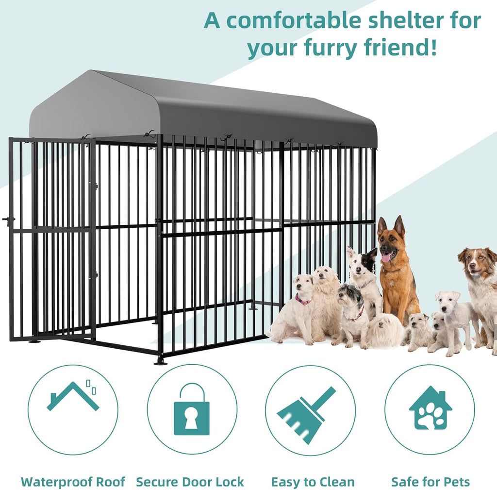 Large Outdoor Metal Dog Kennel with Top Cover, 4'L x 8'W x 6'H H658570