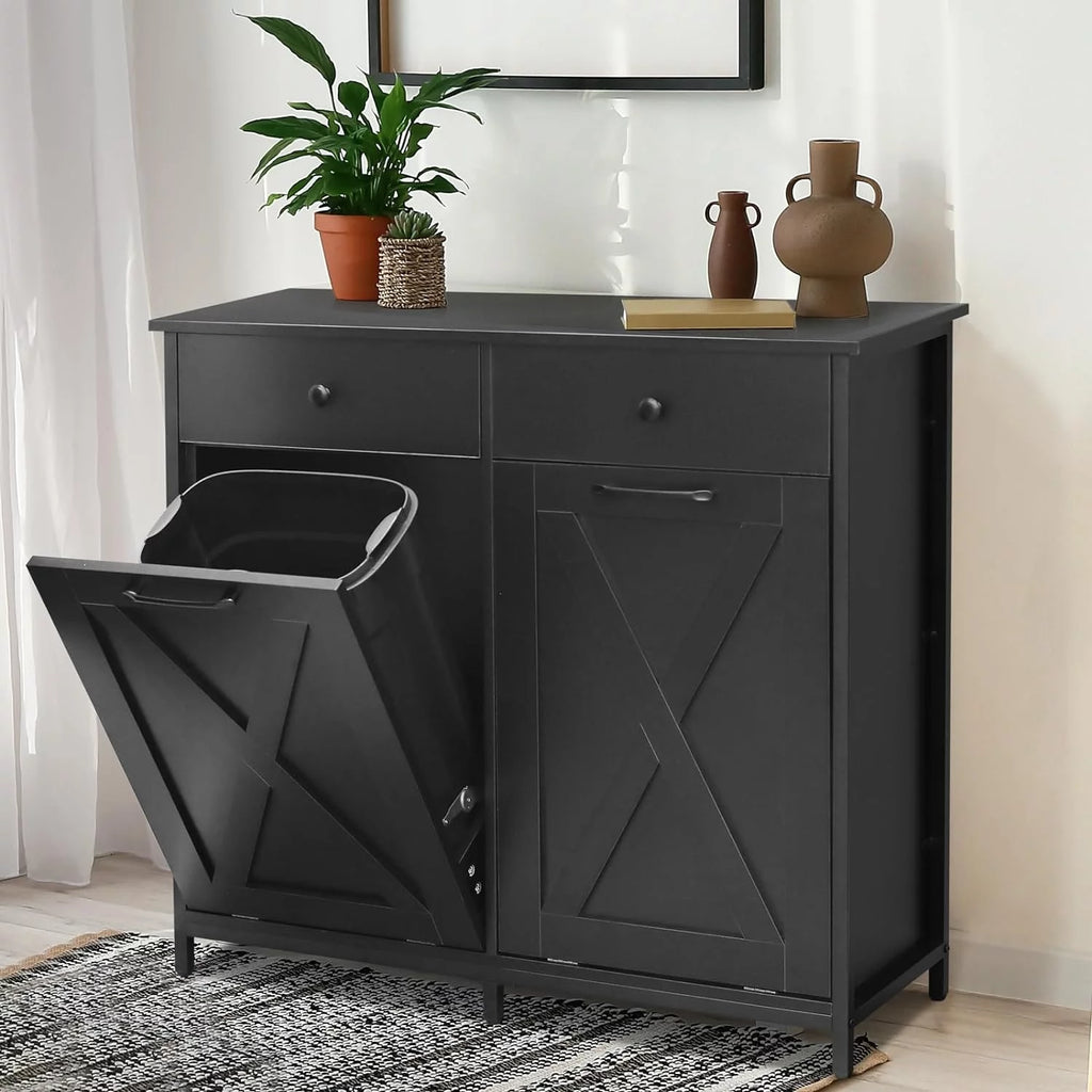 Double Tilt Out Trash Cabinet Freestanding Recycling Cabinet Garbage Can Holder with Drawers A657444