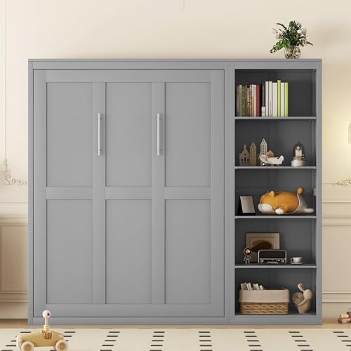 Queen Murphy Bed with Storage Bookcase Shelves, Wood Folding Grey Murphy Wall Bed Cabinet Q345567