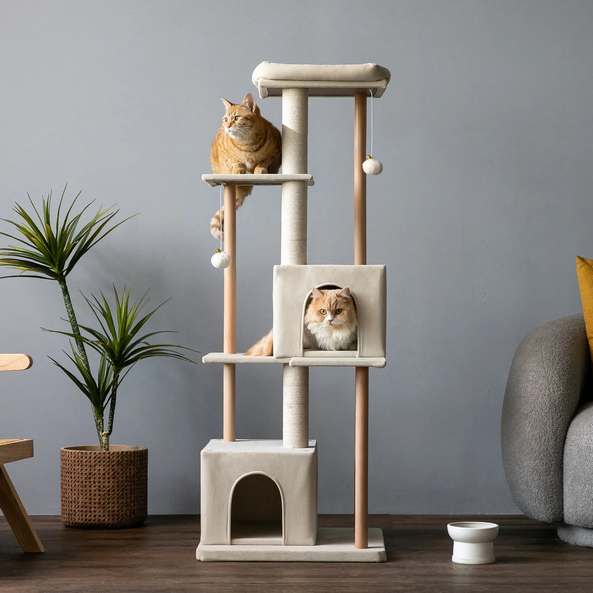 Beige Multi-Level Wood Cat Tree with 2 Condos and Perch G3995