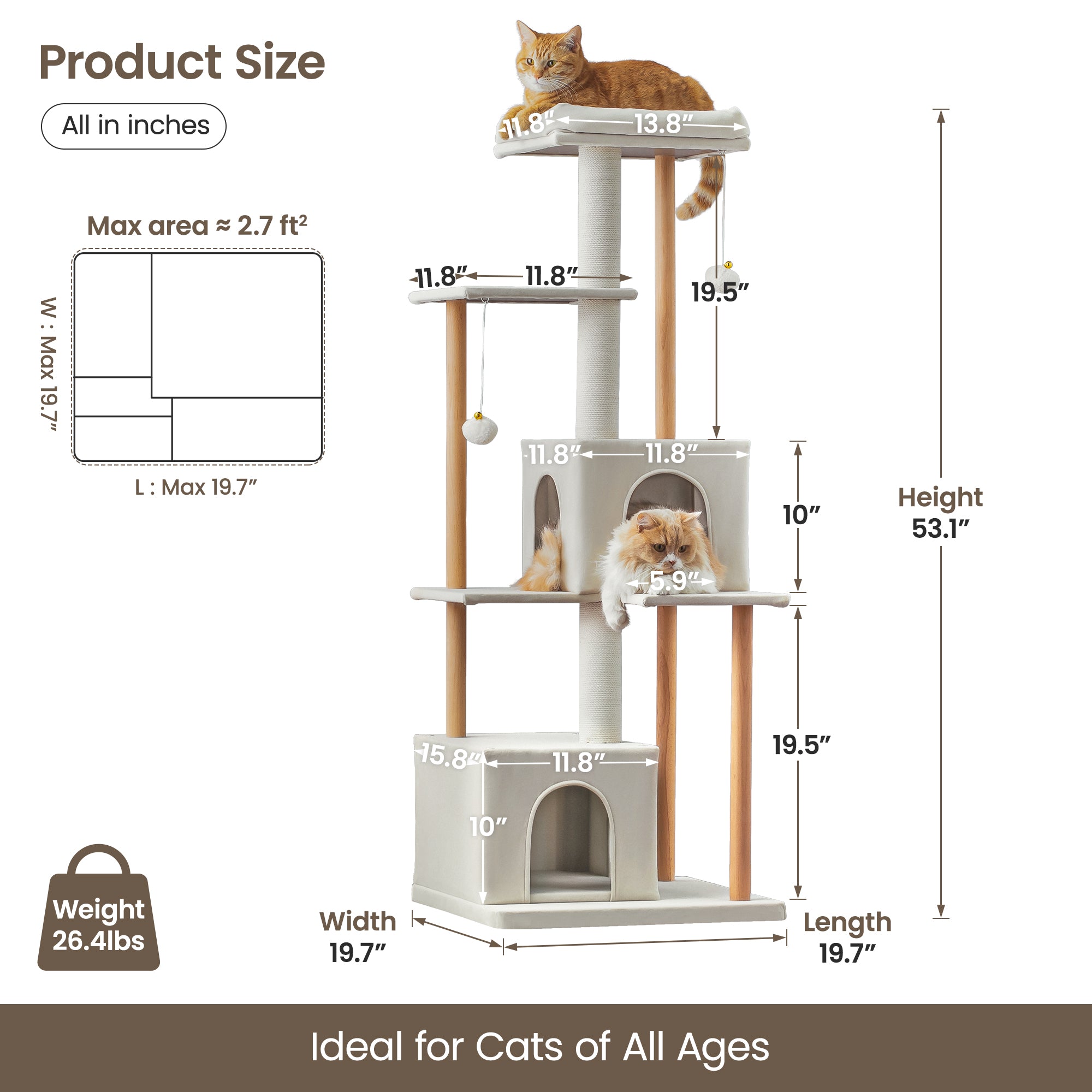 Beige Multi-Level Wood Cat Tree with 2 Condos and Perch G3995