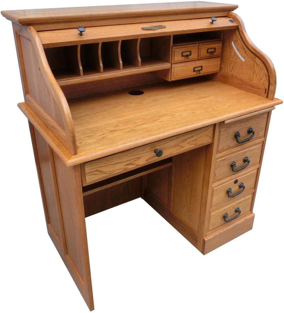 Solid Oak Wood Roll Top Desk with Locking File Drawers P11156