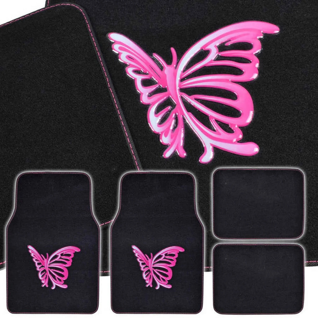 Pink Butterfly Design Carpet Car Floor Mats Full Set with Rubber Backing W424