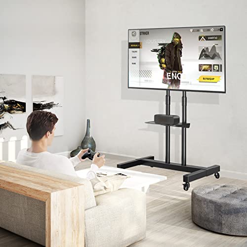 White Rolling TV Stand with Lockable Wheels Height Adjustable Shelf for 32-83 Inch TV Loading 110 lbs K7362