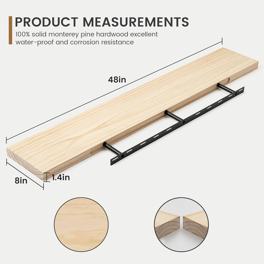 48 Inch Solid Pine Wood Floating Shelf with Metal Bracket U909843