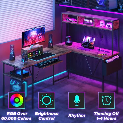L Shaped Gaming Desk with LED Lights and Power Outlet, Grey T975
